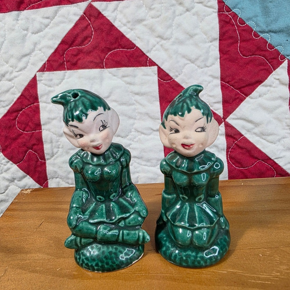Kitschy Pixie Elf Salt and Pepper Shakers Green Ceramic Vintage